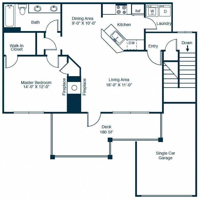 Floor plan for 1 bed, 1 bath, 1080 sqft